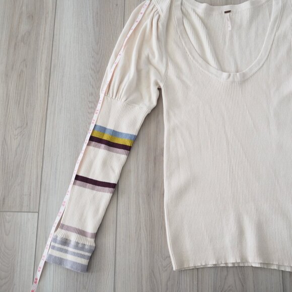 Free People Cream Long Puffed Striped Sleeve Ribbed Knit Sweater Sz Medium Boho - Picture 13 of 15